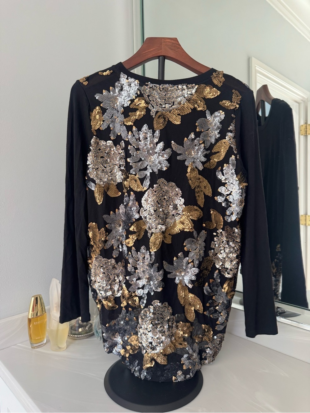 Ganni Black Long-Sleeve Sequin Floral Top with Gold & Silver Embellishment